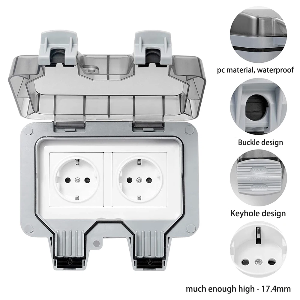 Power Socket IP66 Weatherproof Waterproof Outdoor Wall 16A Double EU Standard Electrical Outlet Grounded AC 110~250V