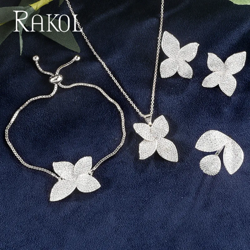 ZAKOL, роскошные серьги в виде цветка с кубическим цирконием ААА, кольцо, браслет, ожерелье, набор для женщин, свадебные ювелирные изделия, FSSP3077