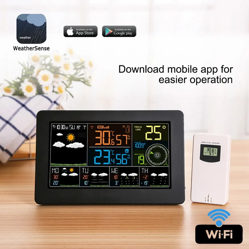 

Wifi Weather Station Wall Digital Alarm Clock Thermometer Hygrometer Future Weather Forecast Wind Direction Barometer