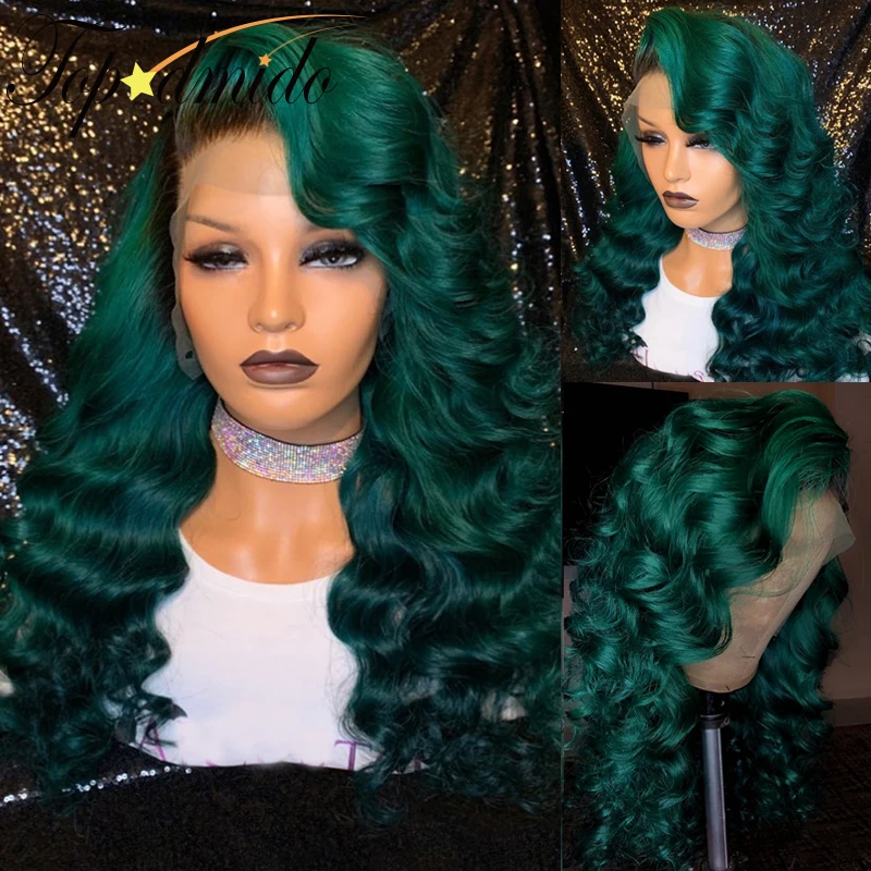 Topodmido-pelucas frontales de encaje de Color verde para mujer, cabello Remy peruano, pelucas de cabello humano ondulado, 13x4, prearrancado