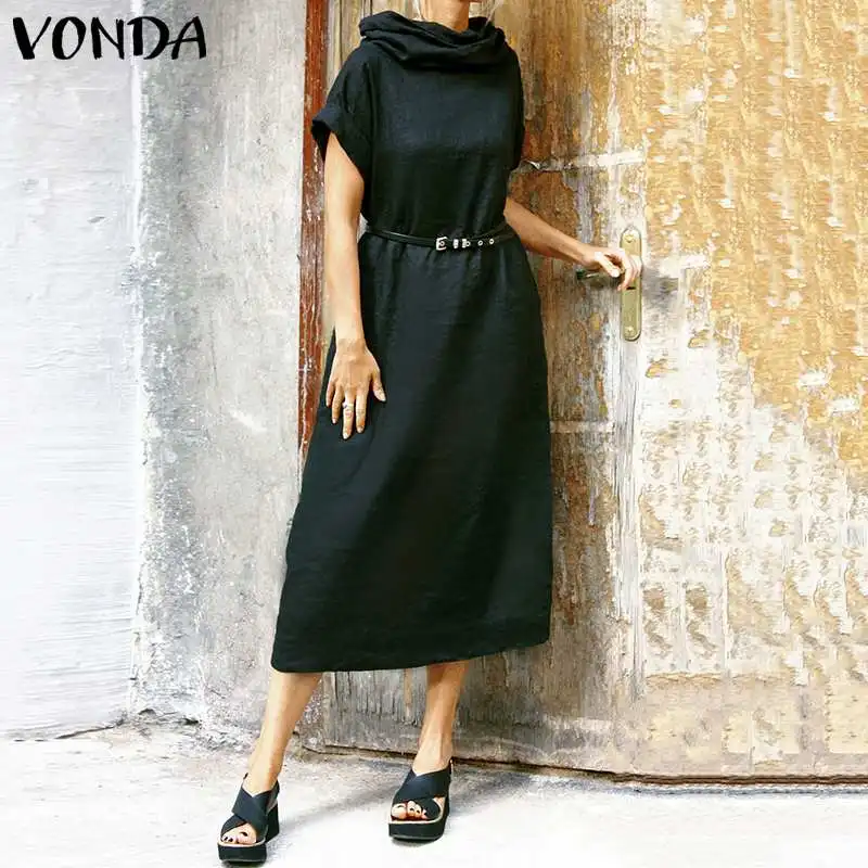VONDA, женское платье, повседневное, короткий рукав, водолазка, платье размера плюс, свободный сарафан, лето, богемное платье для женщин, Vestidos S-5XL