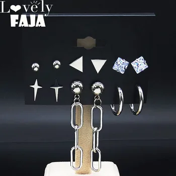

6 Pair 2020 Punk Star Crystal Stainless Steel Earrings Star for Women Silver Color Earrings Set Jewelry joyeria bijoux E612902
