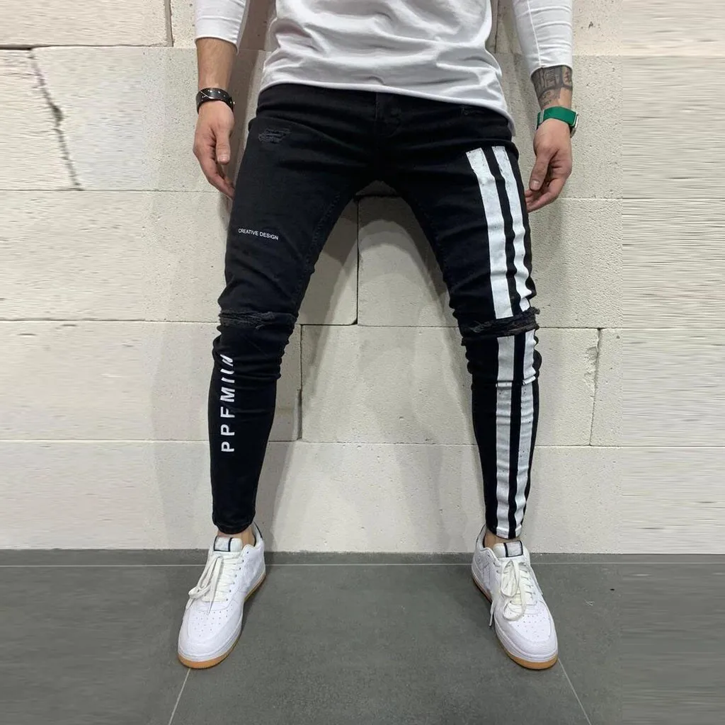 Mejor precio Pantalones vaqueros ajustados para hombre, moda de motorista, pantalones vaqueros deshilachados con diseño rasgado, pantalones pitillo a rayas laterales, ropa informal estilo Hip hop 7WJoRN0pdNm