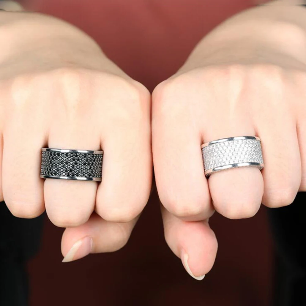 Iced Out Bling кольцо микро проложенный черный кубический цирконий серебряные круглые кольца хип хоп рок украшения для пальцев для мужчин подарки