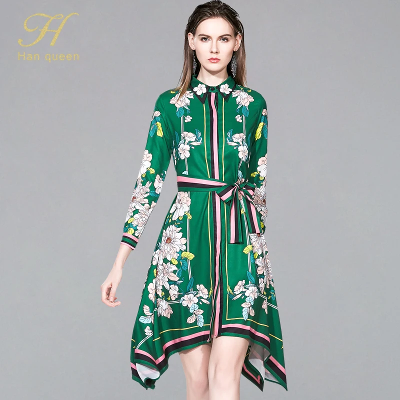 

H Han Queen 2019 Autumn Dress Women Elegant Irregular Printing Office Vintage Dresses Work Casual Female A-line Slim Party Dress
