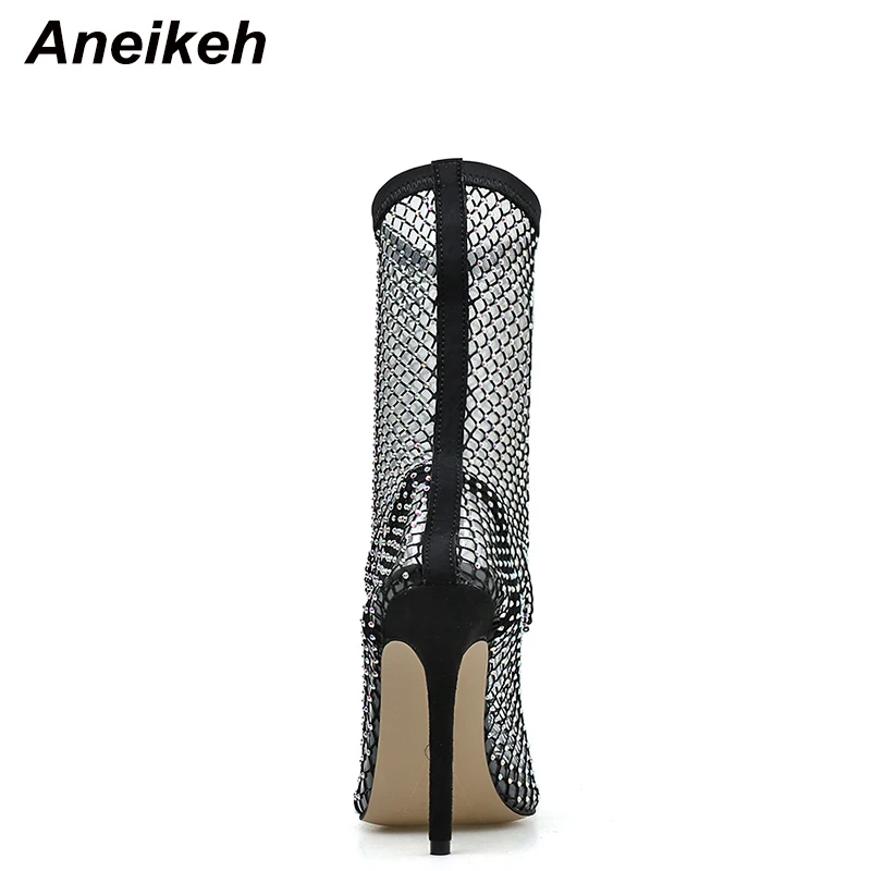 Women High Heels Aneikeh Spring Sexy Bling CRYSTAL Mesh Pumps Woman Fetish Thin High Heel PVC Pointed End Stripper Slip-On Retro Party Shoes