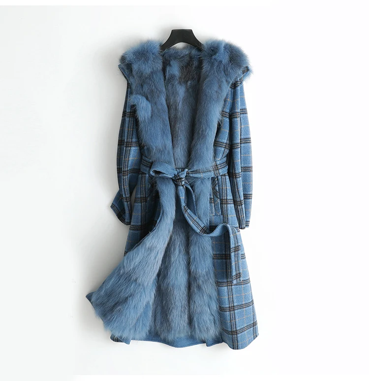 PUDI ZY178-1, Женское пальто из натуральной шерсти, сетчатая ткань, женская меховая подкладка, Воротник из лисьего меха, для отдыха, осень/зима, шерстяная длинная верхняя одежда - Цвет: blue
