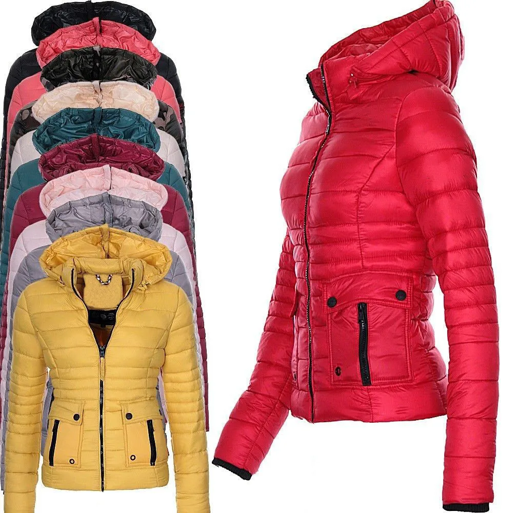 Women Winter Coat Warm Hooded Casual Short Padded Jacket Long Sleeve Down Jackets Zipper Slim fit Outerwear