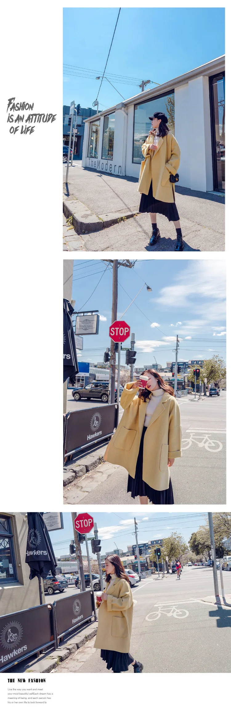 Яркое желтое шерстяное пальто средней длины с воротником для фотосессии, однобортное элегантное шерстяное пальто свободного кроя из органической кожи для женщин