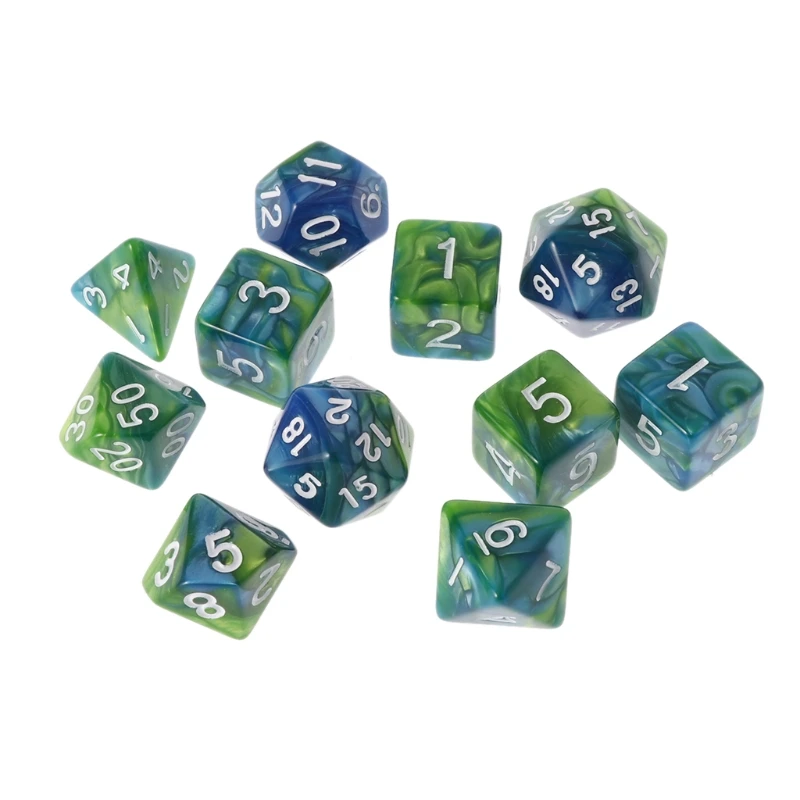 11 шт. D4 D6 D8 D10 D12 D20 двухсторонние кубики для RPG DND D& D набор - Цвет: Blue Green