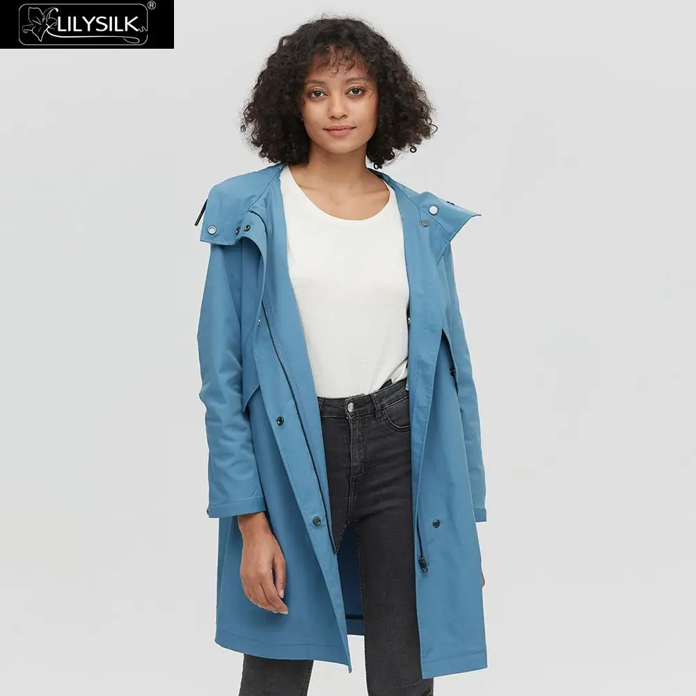 LILYSILK пальто с капюшоном воротник водонепроницаемый Тренч Женский - Color: Sky Blue