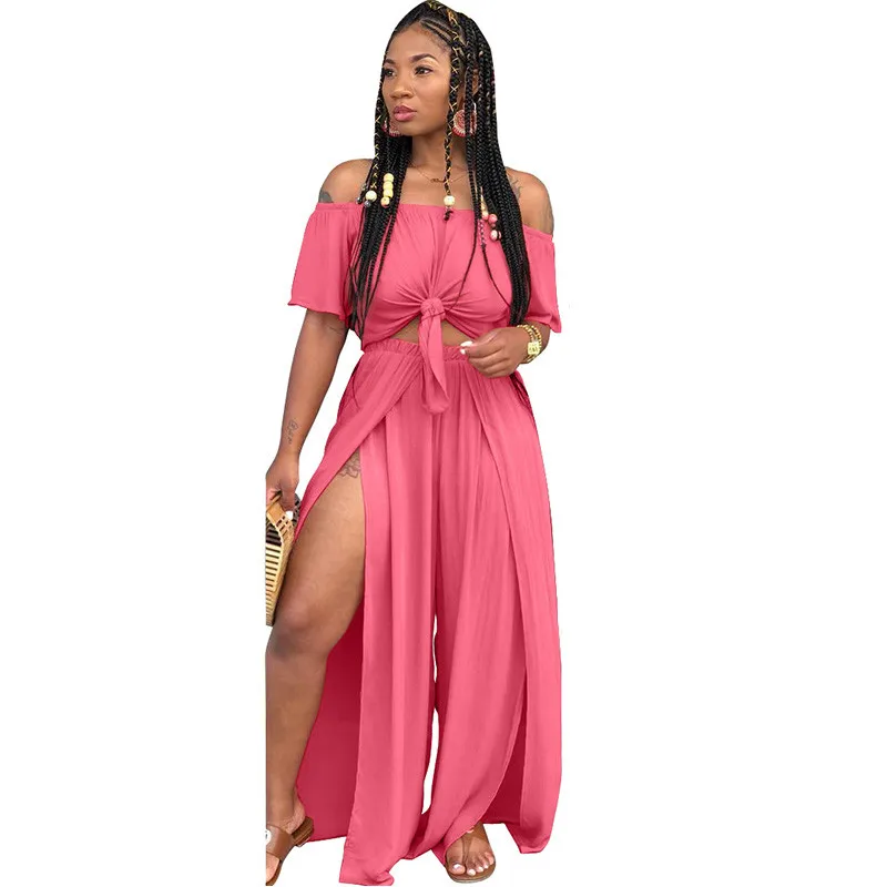 

Women Loose 2 Piece Set 2018 Off Shoulder Pleat Crop Top and Split Long Pants Wide Leg Jumpsuit Casual Matching 2 Piece Outfits