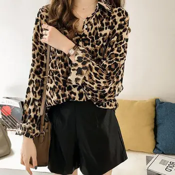 

Womens Plus Size Long Sleeve Blouse Vintage Leopard Printed Lapel Collar Shirts Casual Loose Button Down V-Neck Tunic Tops M-4XL