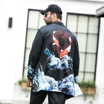 

New thin section large size windbreaker male carp print mid-length casual sun protection clothing trend coat cloak