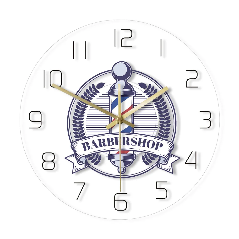 Retro Badge Print Wall Clock Barber Shop Logo Modern Acrylic