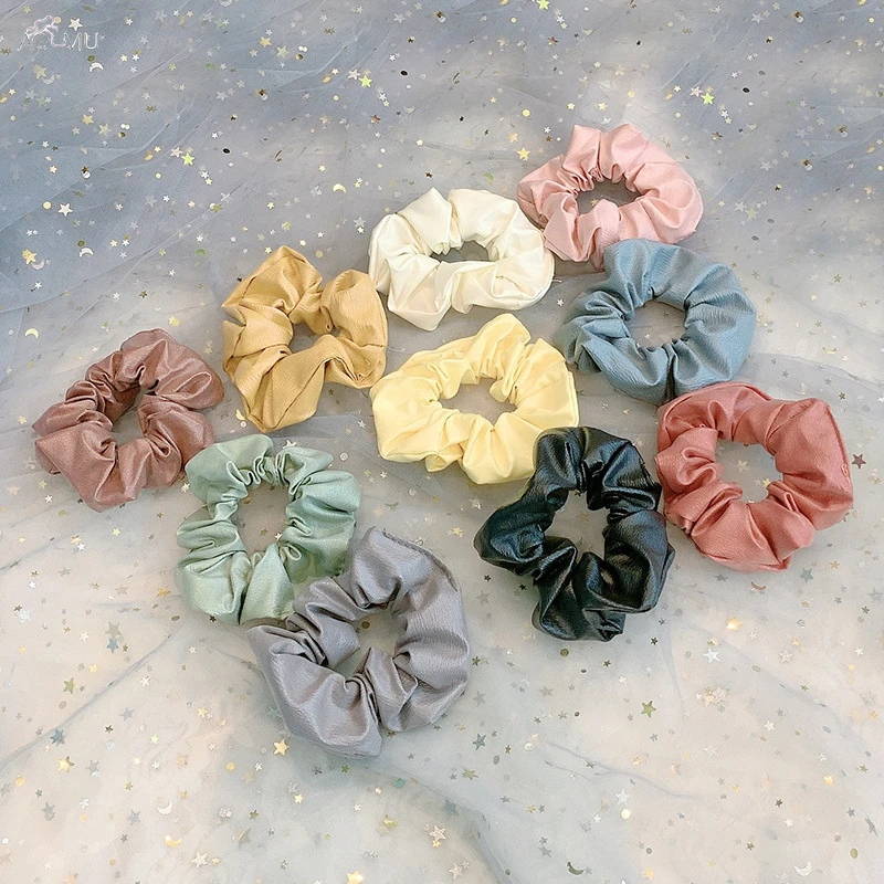 

AOMU 2019 New Vintage Faux Leather Hair Scrunchies Colors Elastic Hair Bands Ponytail Holder For Women Girls Hair Ties Rubber