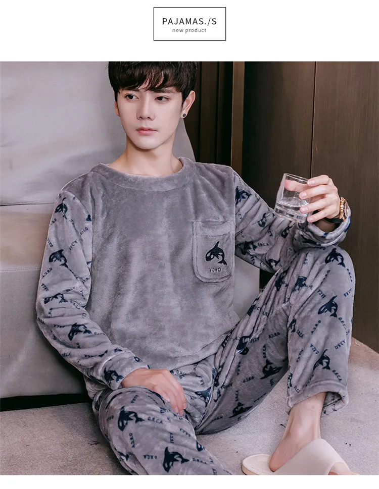 Thicken Flannel Men's Pajamas Two Piece Fashion Print Feather Home Clothes Loose Soft Homewear Pajamas Warm Winter 2Pieces/Set satin pajamas