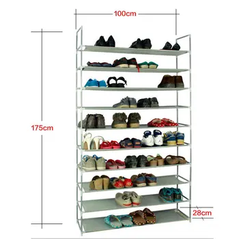 

100cm Ultra Large Capacity 10 Layers Non-woven Fabrics & Steel Shoe Rack Gray Dustproof Shoe Rack Shoe Organizer