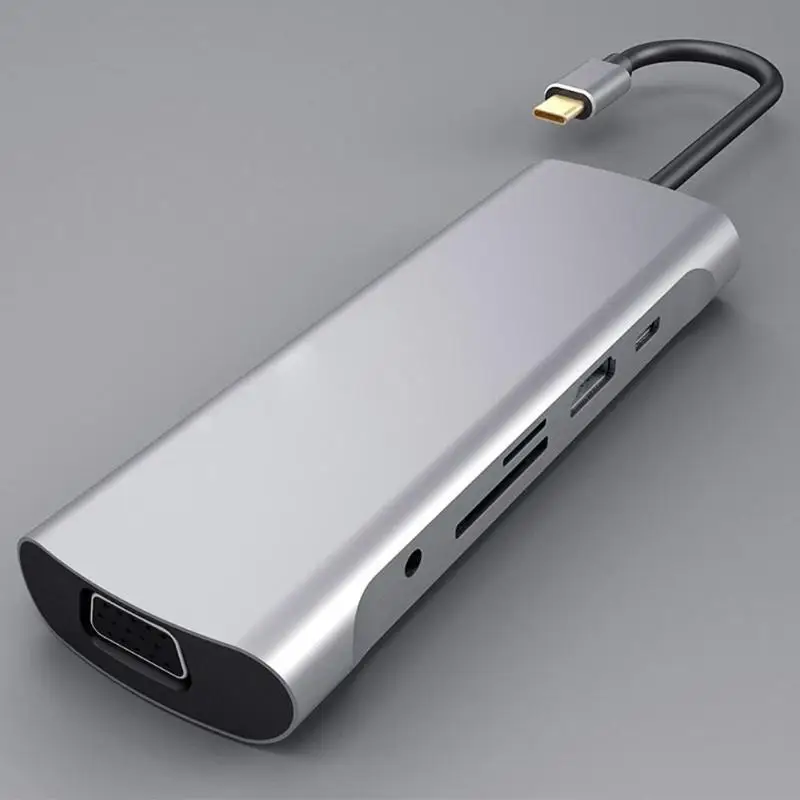 10 в 1 type-C концентратор адаптер USB-C к HDMI VGA USB3.0 TF RJ45 AUX PD конвертер удлинитель адаптер док-станции для ПК ноутбук