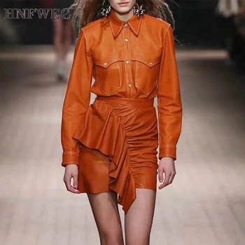 

PU Leather Two Piece Set For Women Lapel Collar Long Sleeve Jacket High Waist Ruffle Skirts Female Suit 2019 Autumn New L732