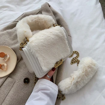 

Elegant Faux Fur Female Tote Bag Women Designer Lock Handbags Winter Plush Chian Women Shoulder Bags Luxury Pu Leather Lady Flap