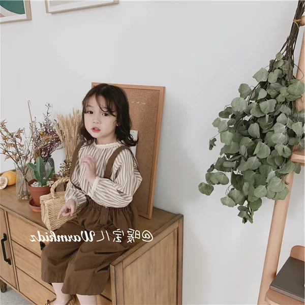 19 новая весенняя детская одежда, футболка для девочек, полосатая куртка с кружевным воротником, рубашка