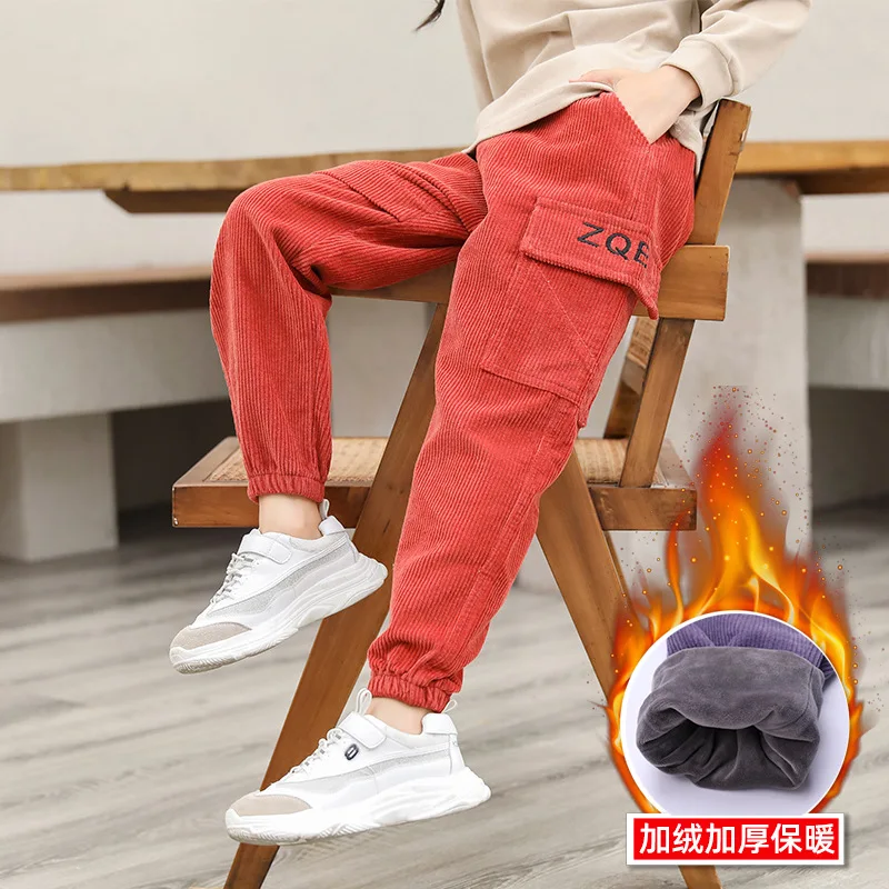 Sauce red Плотные вельветовые брюки-карго для больших девочек; детские бархатные брюки; сезон осень-зима; повседневные брюки с хлопковой подкладкой и надписью для девочек; костюм - Color: Sauce red