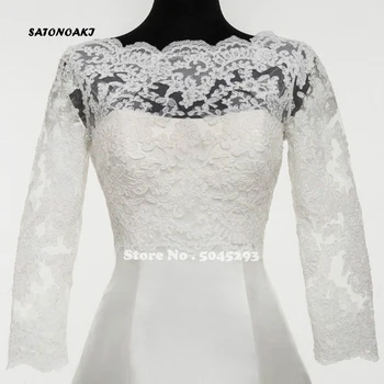 

SATONOAKI 2020 Lace Wedding Bolero Jacket White Ivory Wraps Long Sleeves Boleros for Wedding Cover Illusion Sheer Neck Applique