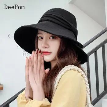 

DeePom Bucket Hat Women Solid Color Big Bow Summer Hats For Women Sun Protection Wide Brim Folding Beach Hat Cap Female Chapeu