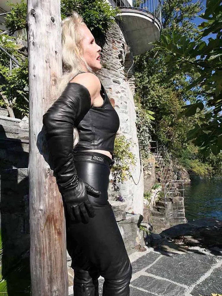Женские длинные перчатки из натуральной овечьей кожи черные|fashion leather gloves|leather