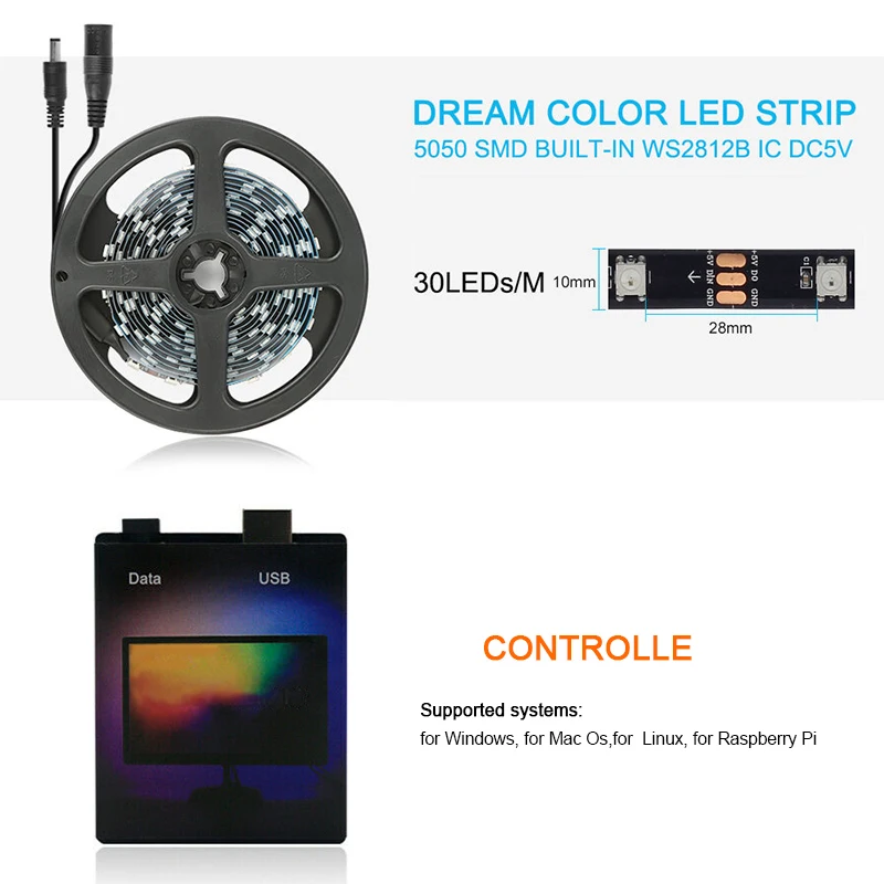 US $15.49 WS2812B RGB USB LED Strip Light 5050 TV HDTV Desktop Computer PC Monitor Dream Screen Decoration Backlight Lighting