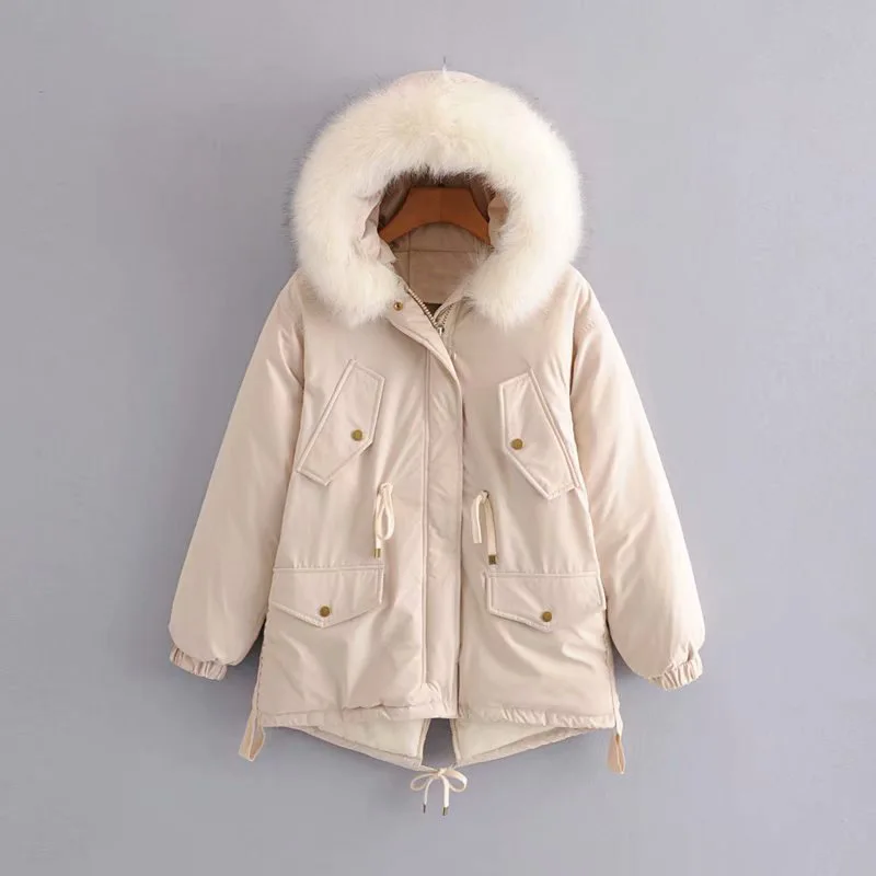 Женские зимние пальто Куртка парка с капюшоном Abrigos Mujer Invierno меховой воротник плюш толстый хлопок шнурок размера плюс - Цвет: Бежевый