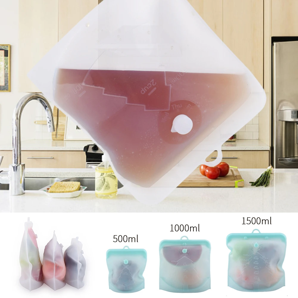 

Food silicone storage bag 1500ml & 1000ml & 500ml reusable packaged fruit washable sealed zipper storage bag storage bag