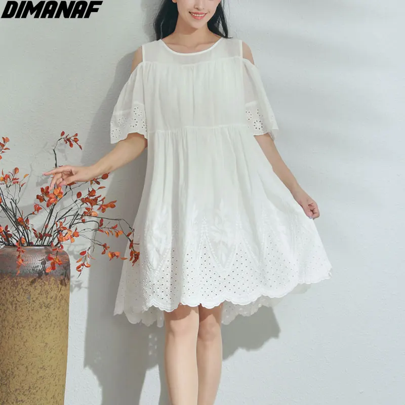 

DIMANAF Plus Size Women Dress Linen Summer Style Lace Sexy Off Shoulder Patchwork Female Loose Vintage White Casual 2021 Dresses