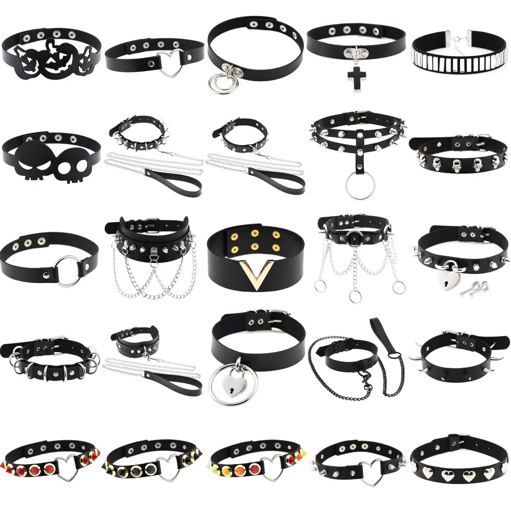 Goth Women Black Choker Collar Punk Necklaces Pu Leather Gothic Rivets Cross Chains Necklace Party Sexy Femme Studded Jewelry | Украшения и