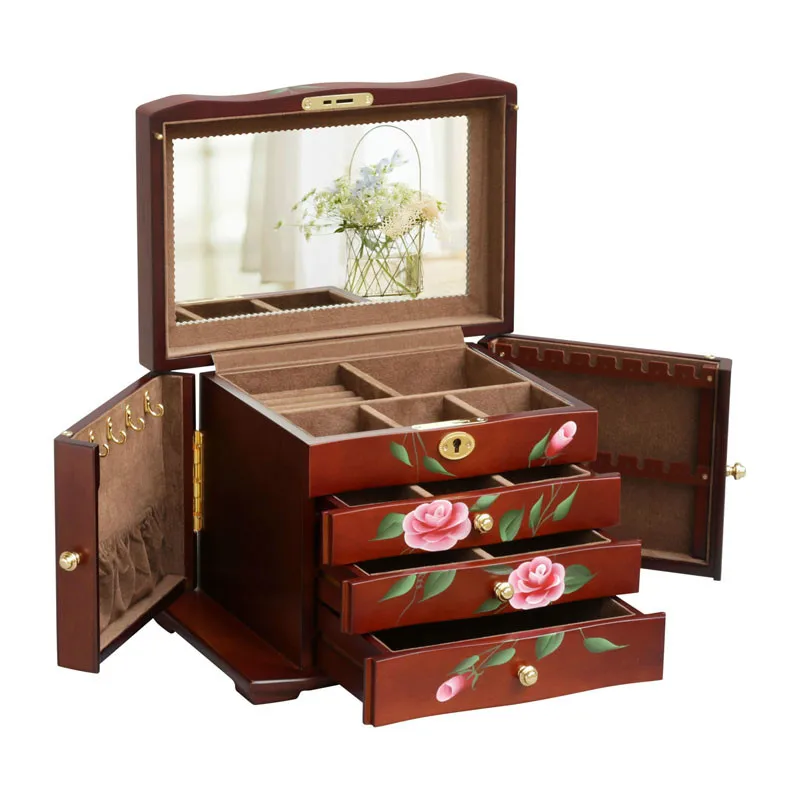 

Chinese Style Handmade Solid Wood Jewelry Cosmetic Box Jewelry Storage Box Wedding Large Capacity Multi-Layer Box with Lock