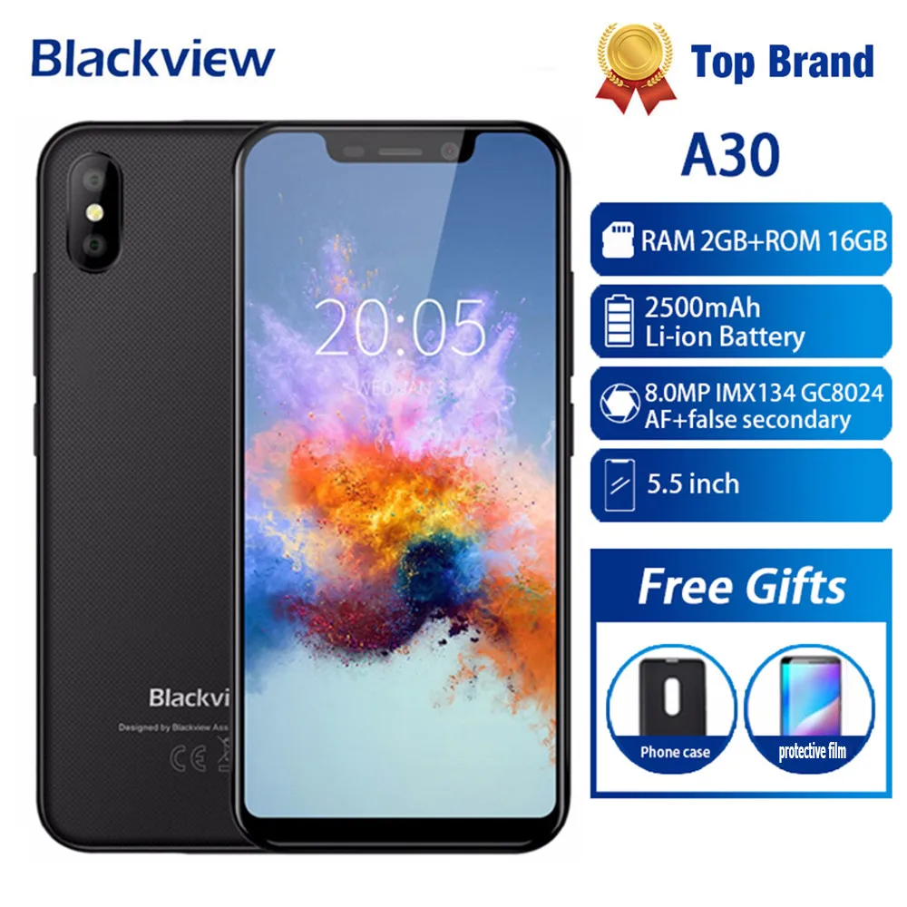 Смартфон Blackview A30, 5,5 дюймов, 19:9, полный экран, четырехъядерный процессор MTK6580A, 2 Гб+ 16 ГБ, Android 8,1, две sim-карты, 3G, Face ID, 8 Мп, мобильный телефон