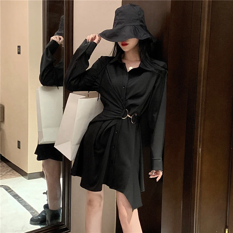 

Elegant temperament v-neck shirt dress mid-length lapel loose waist shirt asymmetrical hem top