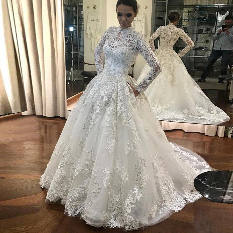 Любовник Поцелуй Vestido De Noiva одежда с длинным рукавом кружевный мусульманский свадебное платье с высоким воротом свадебные бальные платья принцессы для девочек; robe de Mariage