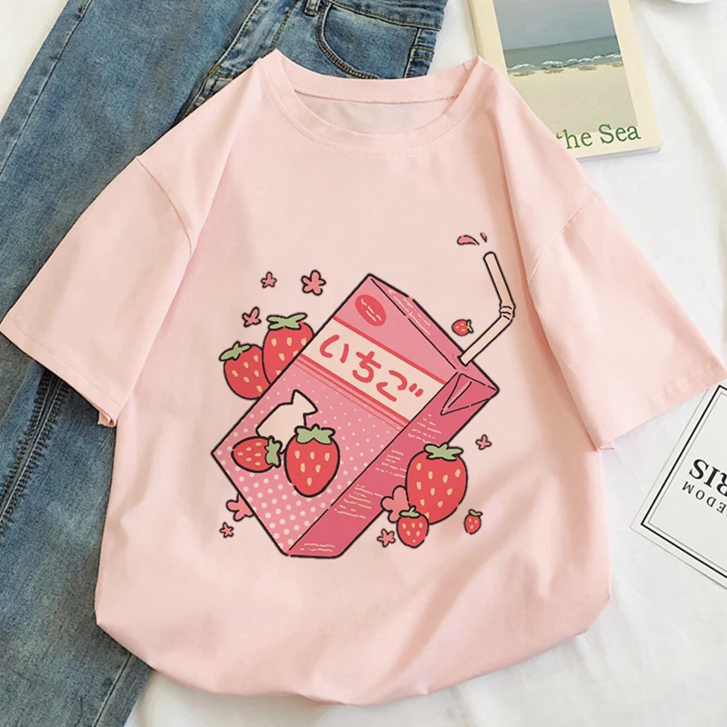 Japan Strawberry Juice Graphic Print T-shirt Women 2020 New Summer Fashion Tshirt Tee Harajuku Aesthetic Pink Top Female T Shirt