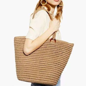 

Bohemian Straw Shoulder Bags for Women Casual Wicker Rattan Large Capacity Lady Handbags Solid Color Bucket Summer Beach Bag