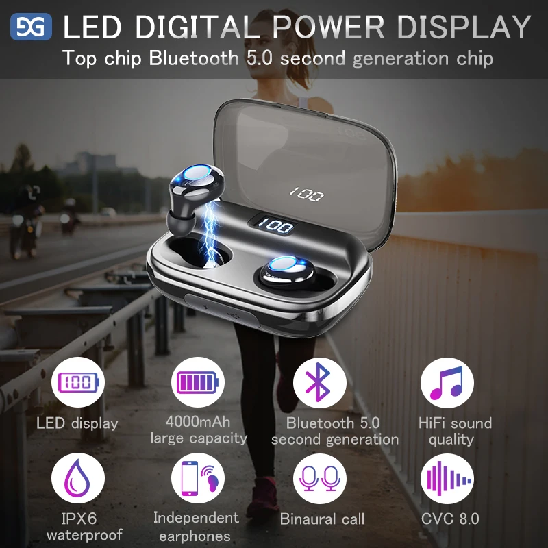 TWS 5.0 Bluetooth 6D Stereo Earphone Wireless Earphones IPX6 Waterproof Earphones Sport Headphone With 4000mAh Power Bank