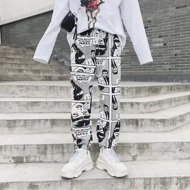 

South Korea INS-Style Street Cartoon Graffiti Harem Pants BF Style Hip Hop Printed Loose-Fit Beam Leg Casual Pants Men's