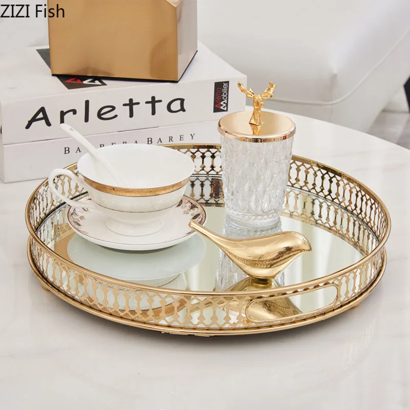 Gold Trays Decorative Vintage Mirror Glass Storage Tray Rectangle/round Fruit Plate Desktop Small Items Jewelry Display Plate