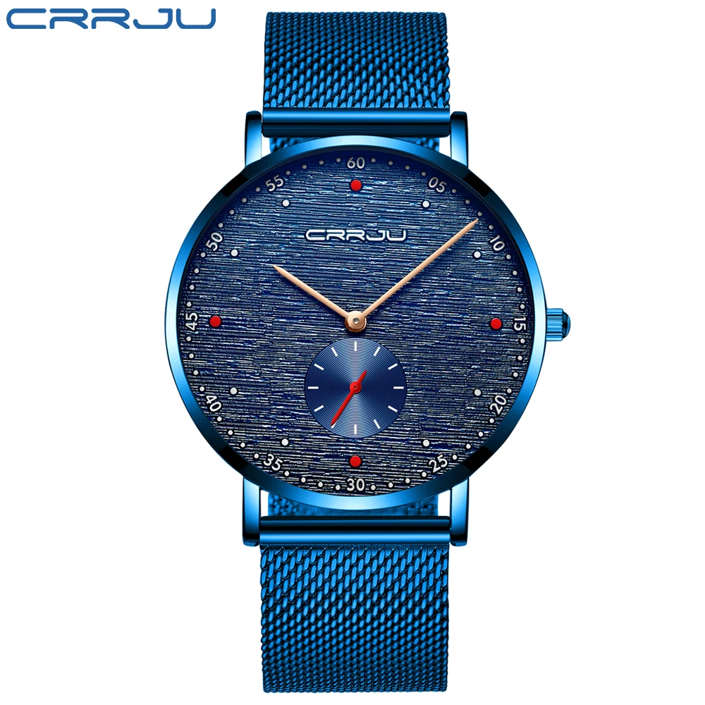 Relogio masculino CRRJU мужские модные спортивные часы Роскошные Кварцевые водонепроницаемые наручные часы мужские водонепроницаемые часы с тонким сетчатым ремешком - Цвет: blue