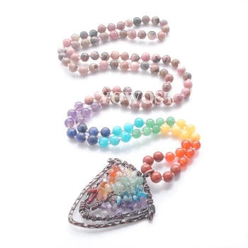 

New arrivals 108 Mala Beads Long Necklaces 7 Chakra Natural Stone Knotted Sweater Chain Antique Copper Shield Pendants IBF318