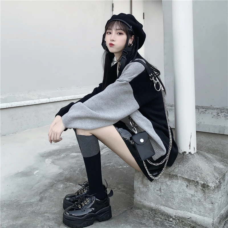 Harajuku Повседневный цветной лоскутный женский свитер с длинным рукавом для девочек, вязаный пуловер с v-образным вырезом