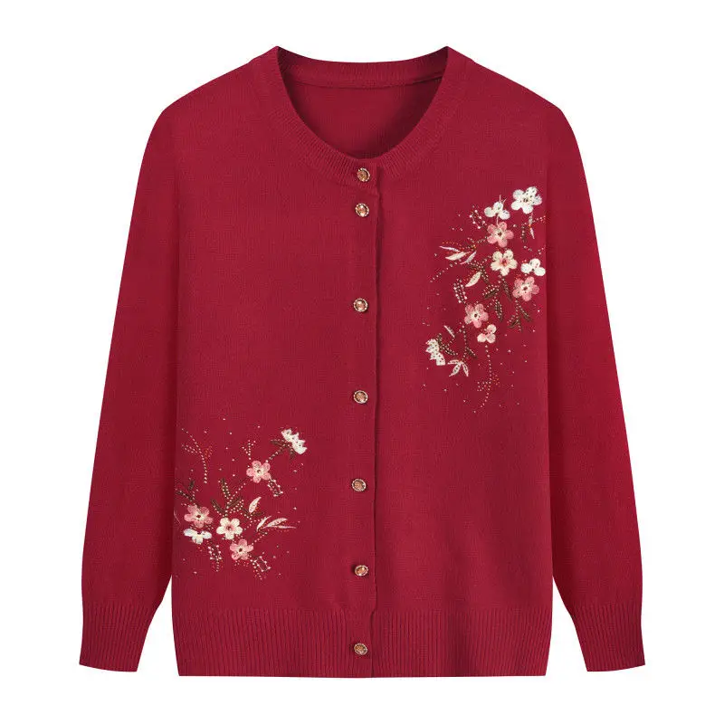 Spring Autumn Thin Knit Cardigan Jackets Grandma Embroidered Long Sleeve Sweater Outerwear Plus Size Short All-match Women's Top