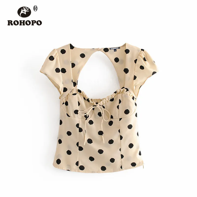 

ROHOPO Backless Strapless Polk Dot Beige Chiffon Crop Blouse Corseted Top Shirt #6831