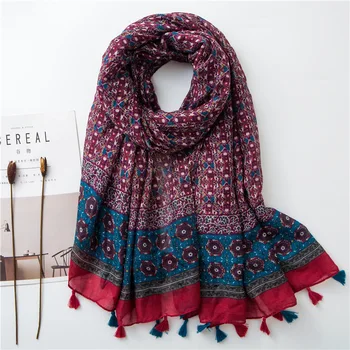 

2019 Spain Fashion Bohemian Ethnic Tassel Viscose Shawl Scarf High Quality Print Pashmina Stole Bufandas Muslim Hijab 180*90Cm